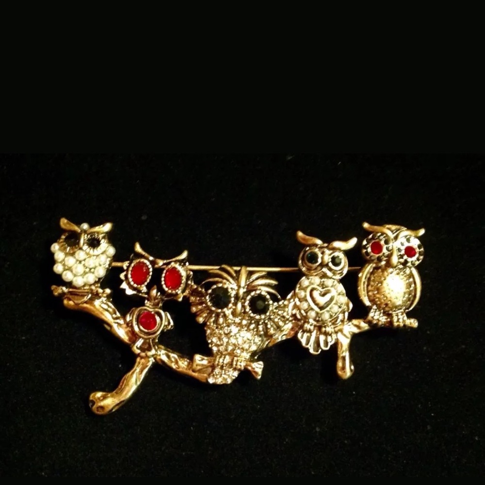 Vintage Gold Ruby, Emerald, Onyx Owl Brooch/Pin